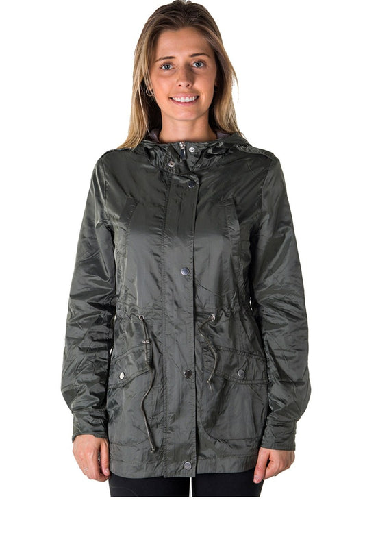 Ladies fashion zip up light weight nylon anorak jacket, waterproof, jersey lined hood, roll up sleeve & waistband string