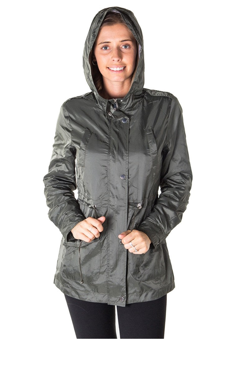 Ladies fashion zip up light weight nylon anorak jacket, waterproof, jersey lined hood, roll up sleeve & waistband string
