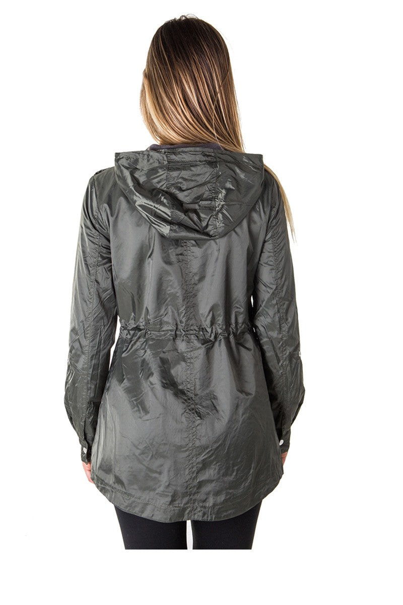 Ladies fashion zip up light weight nylon anorak jacket, waterproof, jersey lined hood, roll up sleeve & waistband string
