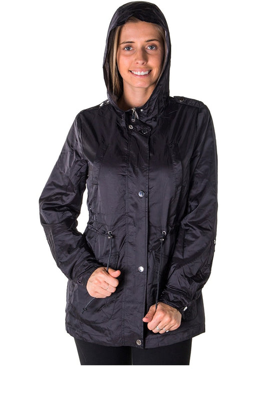 Ladies fashion zip up light weight nylon anorak jacket, waterproof, jersey lined hood, roll up sleeve & waistband string