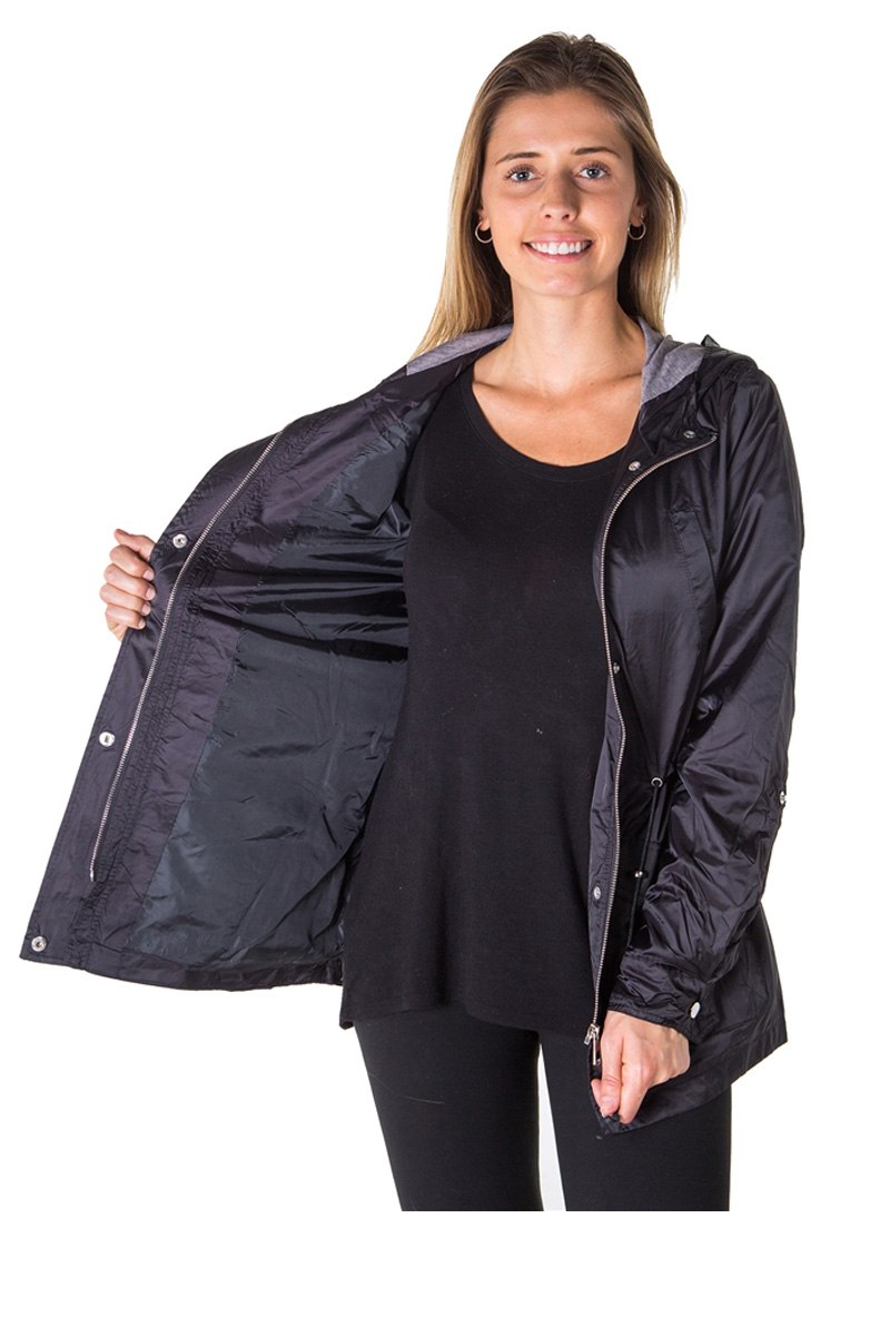 Ladies fashion zip up light weight nylon anorak jacket, waterproof, jersey lined hood, roll up sleeve & waistband string