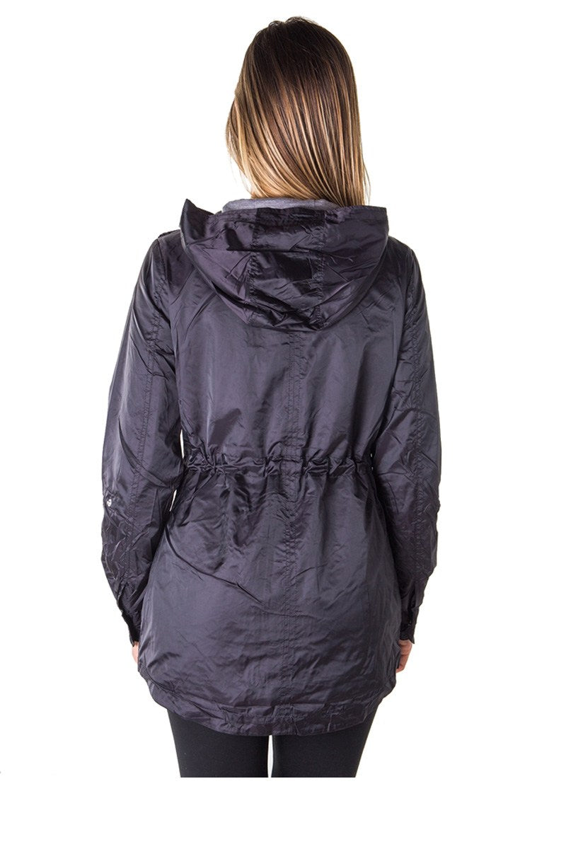 Ladies fashion zip up light weight nylon anorak jacket, waterproof, jersey lined hood, roll up sleeve & waistband string