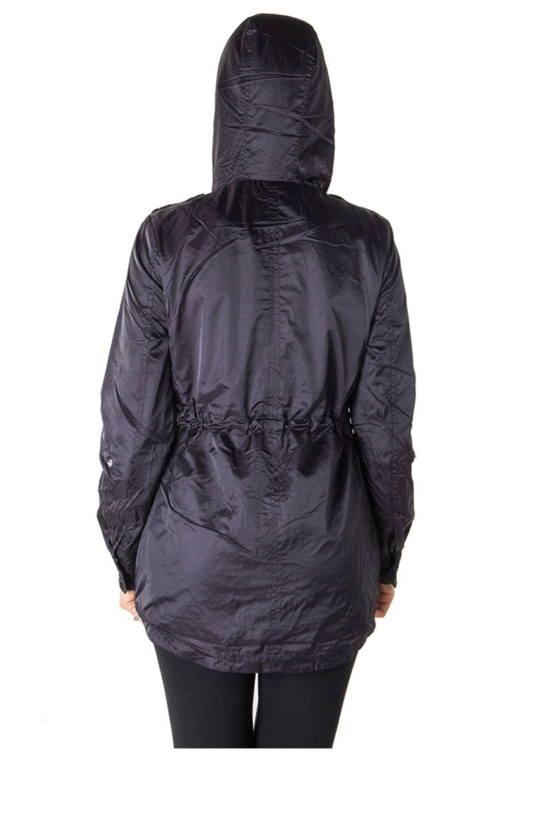 Ladies fashion zip up light weight nylon anorak jacket, waterproof, jersey lined hood, roll up sleeve & waistband string