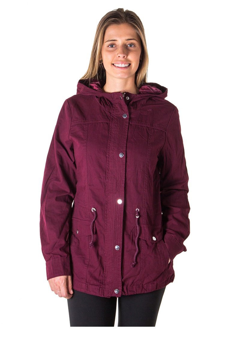 Ladies fashion zip up anorak hooded jacket, roll up sleeve, waistband string, 2 front pockets & piping front and back