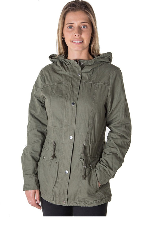 Ladies fashion zip up anorak hooded jacket, roll up sleeve, waistband string, 2 front pockets & piping front and back