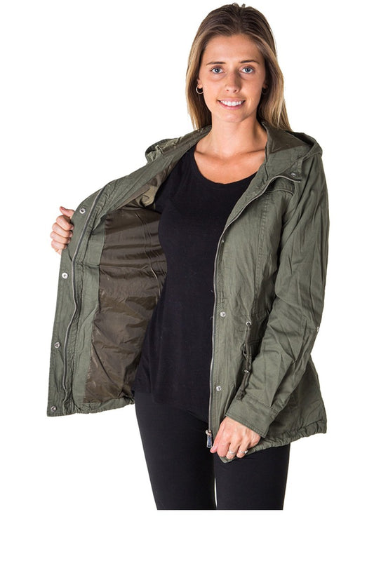 Ladies fashion zip up anorak hooded jacket, roll up sleeve, waistband string, 2 front pockets & piping front and back
