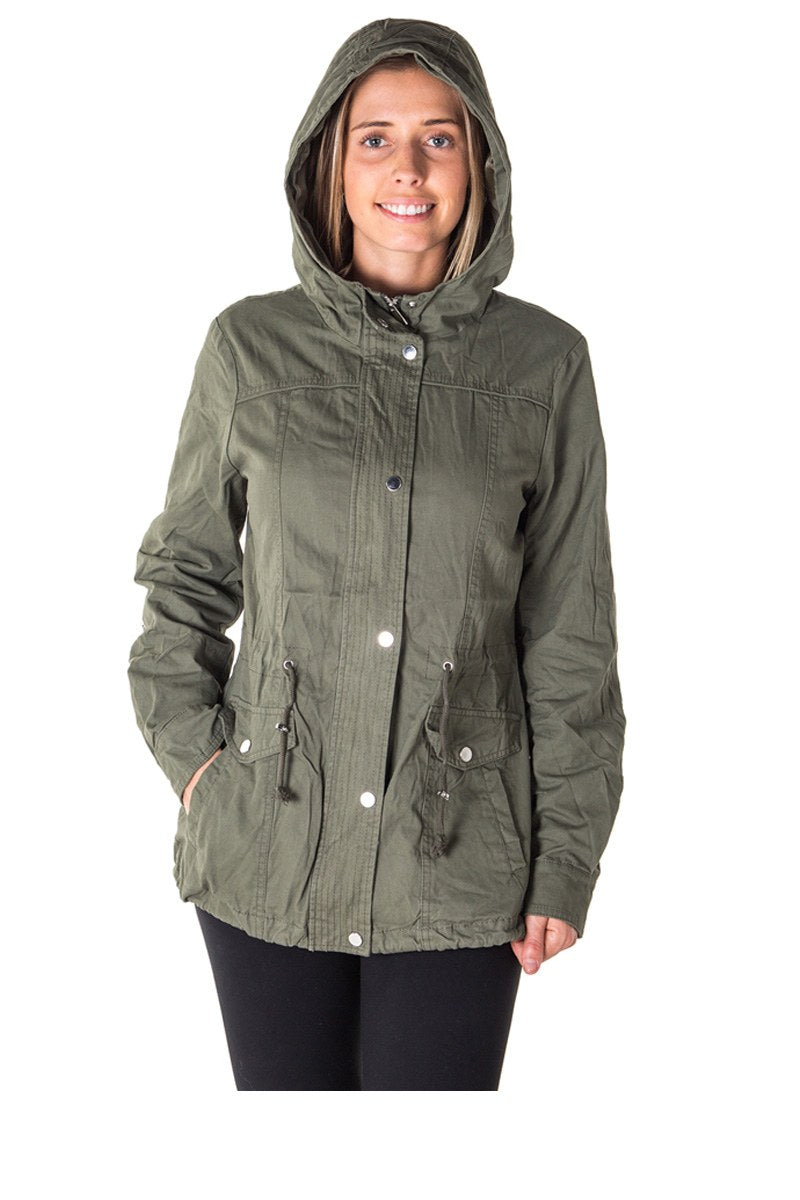 Ladies fashion zip up anorak hooded jacket, roll up sleeve, waistband string, 2 front pockets & piping front and back