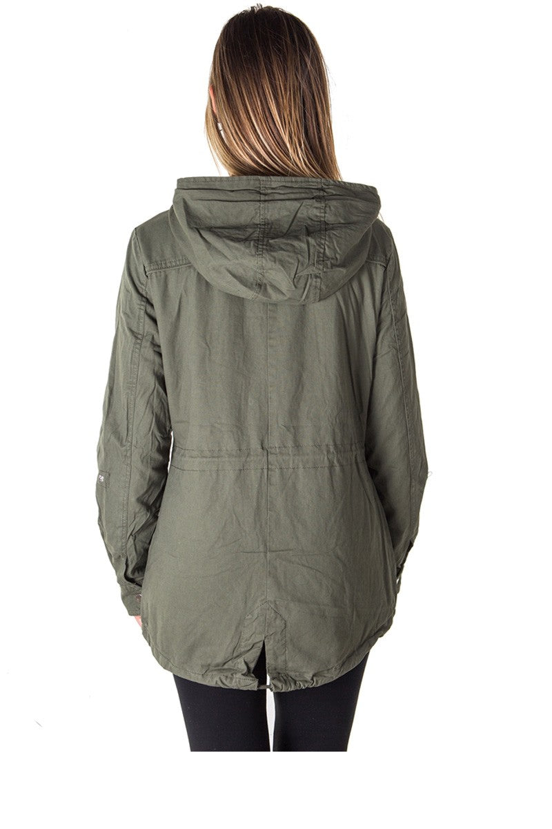 Ladies fashion zip up anorak hooded jacket, roll up sleeve, waistband string, 2 front pockets & piping front and back
