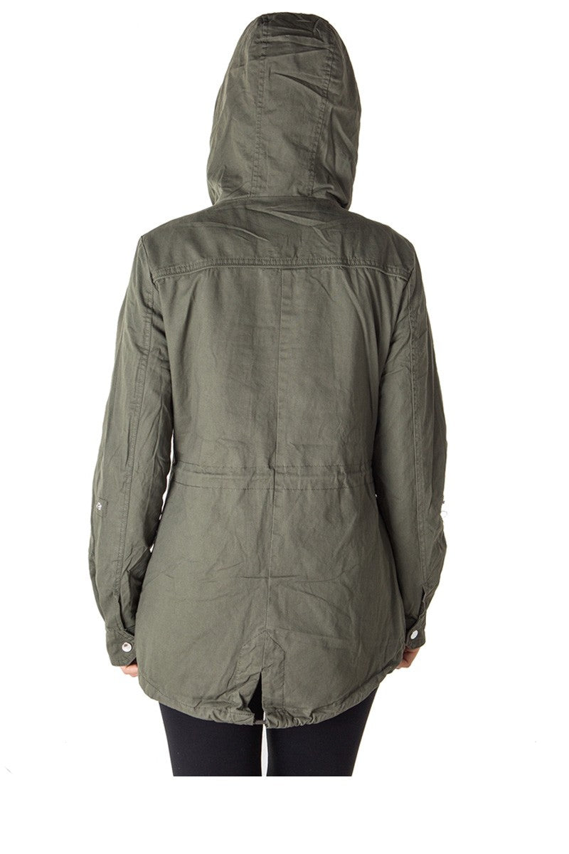 Ladies fashion zip up anorak hooded jacket, roll up sleeve, waistband string, 2 front pockets & piping front and back