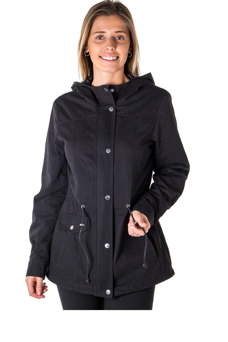 Ladies fashion zip up anorak hooded jacket, roll up sleeve, waistband string, 2 front pockets & piping front and back