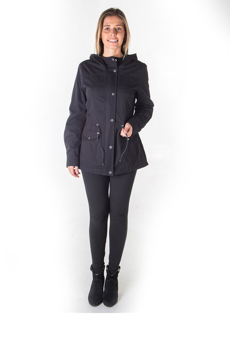 Ladies fashion zip up anorak hooded jacket, roll up sleeve, waistband string, 2 front pockets & piping front and back