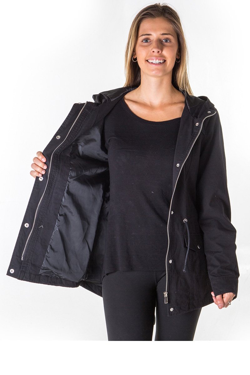 Ladies fashion zip up anorak hooded jacket, roll up sleeve, waistband string, 2 front pockets & piping front and back