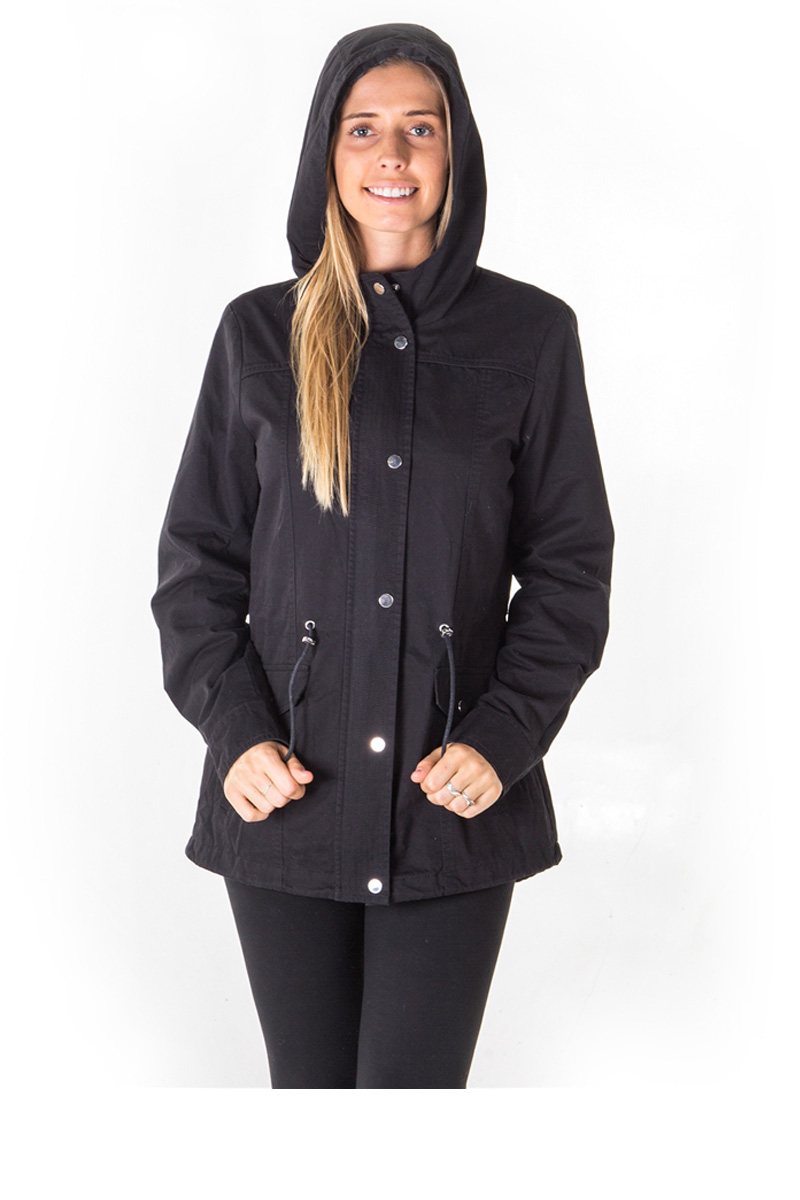 Ladies fashion zip up anorak hooded jacket, roll up sleeve, waistband string, 2 front pockets & piping front and back