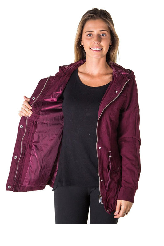Ladies fashion zip up anorak hooded jacket, roll up sleeve, waistband string, 2 front pockets & piping front and back