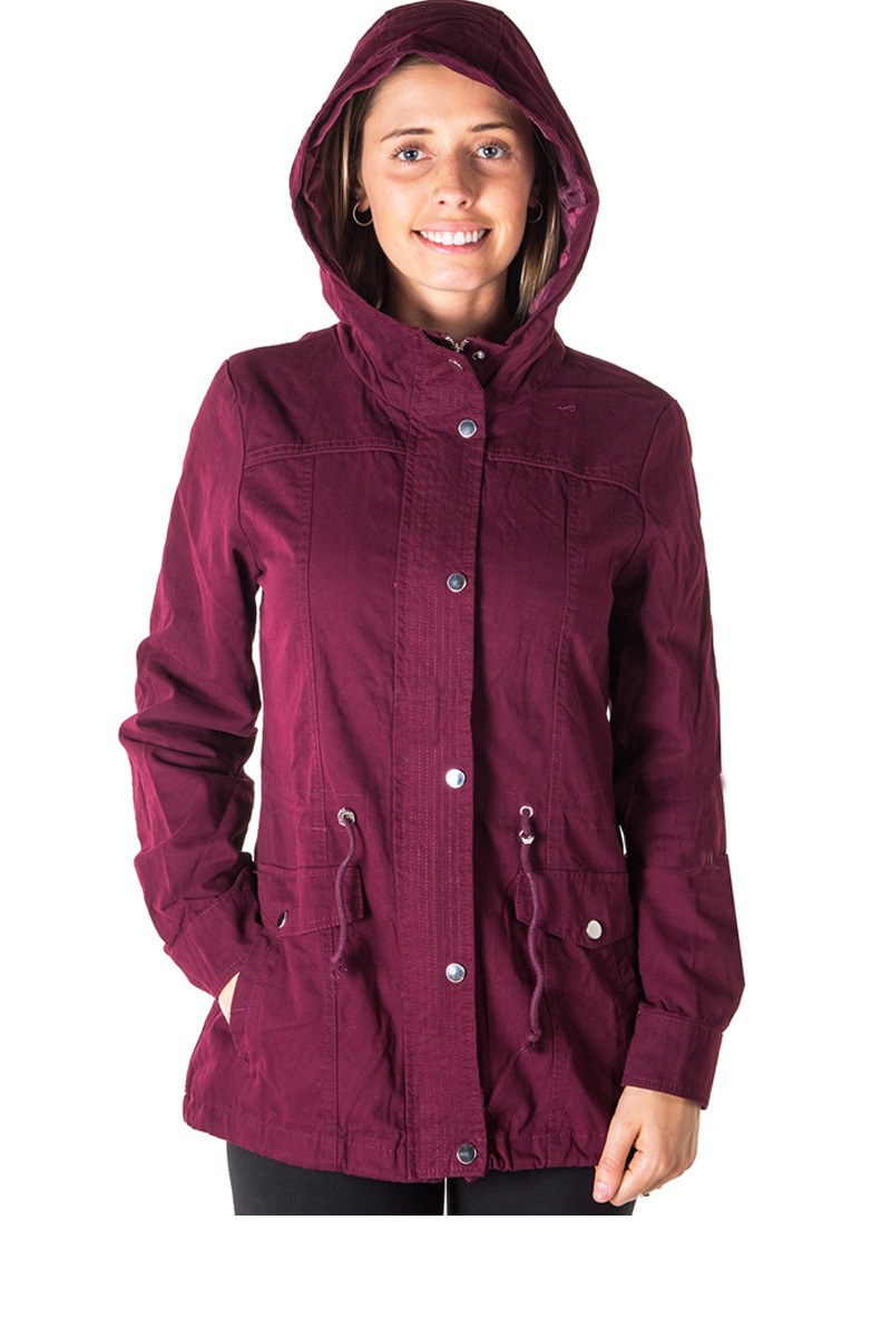 Ladies fashion zip up anorak hooded jacket, roll up sleeve, waistband string, 2 front pockets & piping front and back
