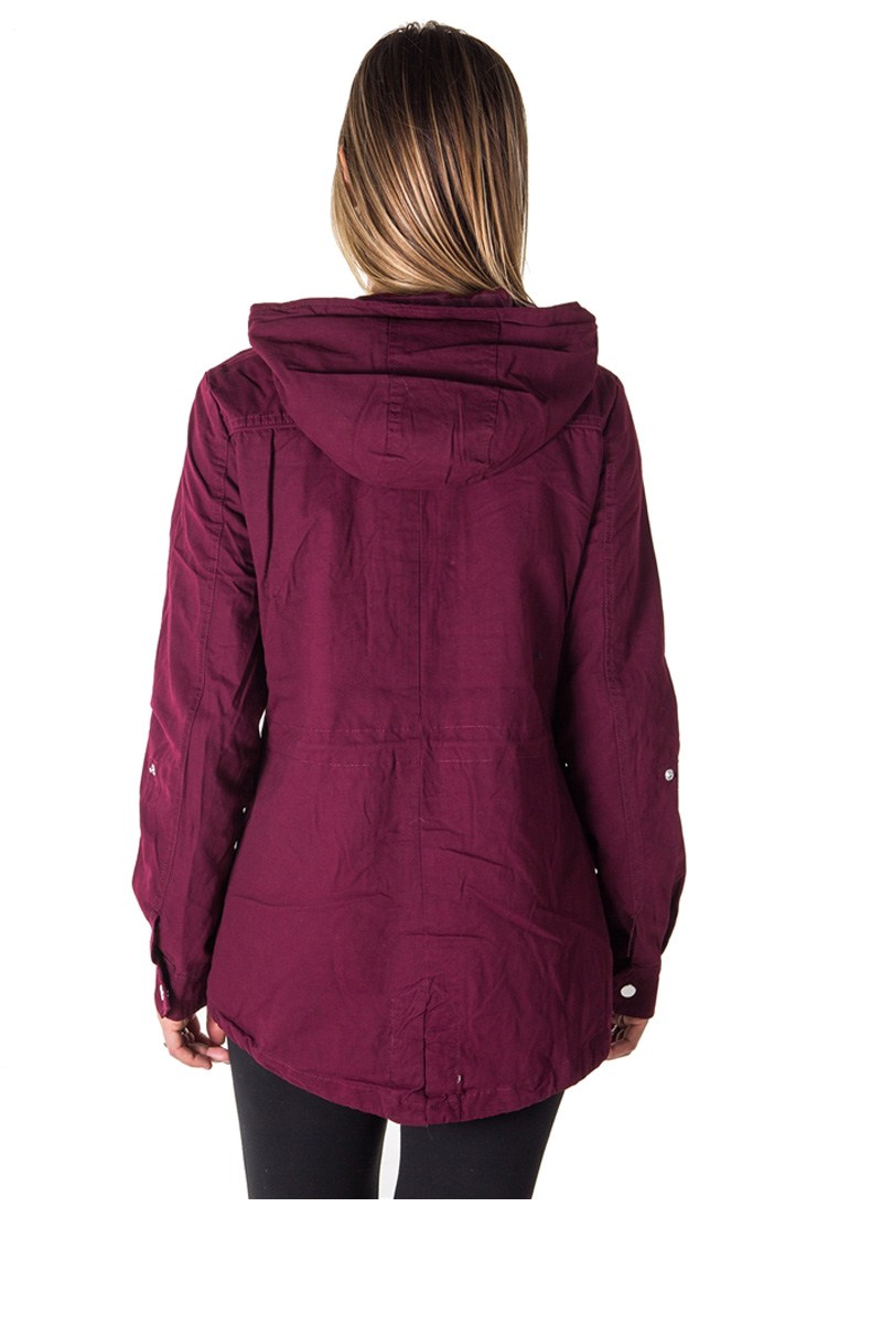 Ladies fashion zip up anorak hooded jacket, roll up sleeve, waistband string, 2 front pockets & piping front and back