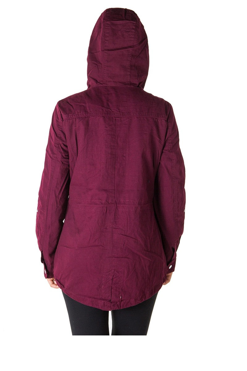 Ladies fashion zip up anorak hooded jacket, roll up sleeve, waistband string, 2 front pockets & piping front and back