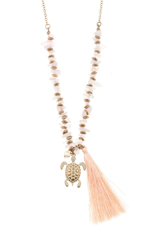 Turtle tassel pendant chipped gem necklace set