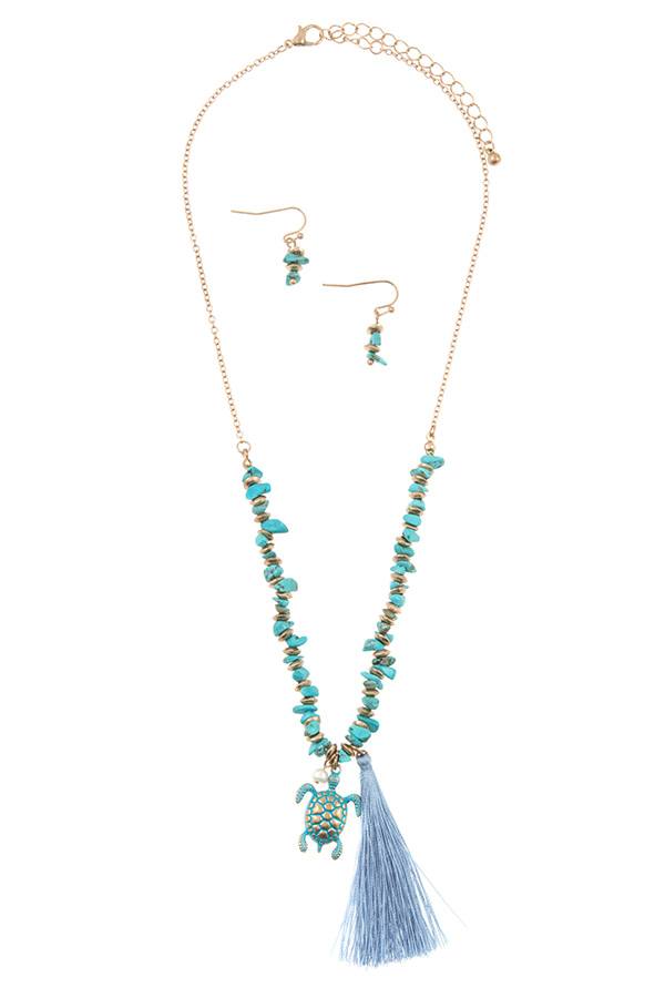 Turtle tassel pendant chipped gem necklace set