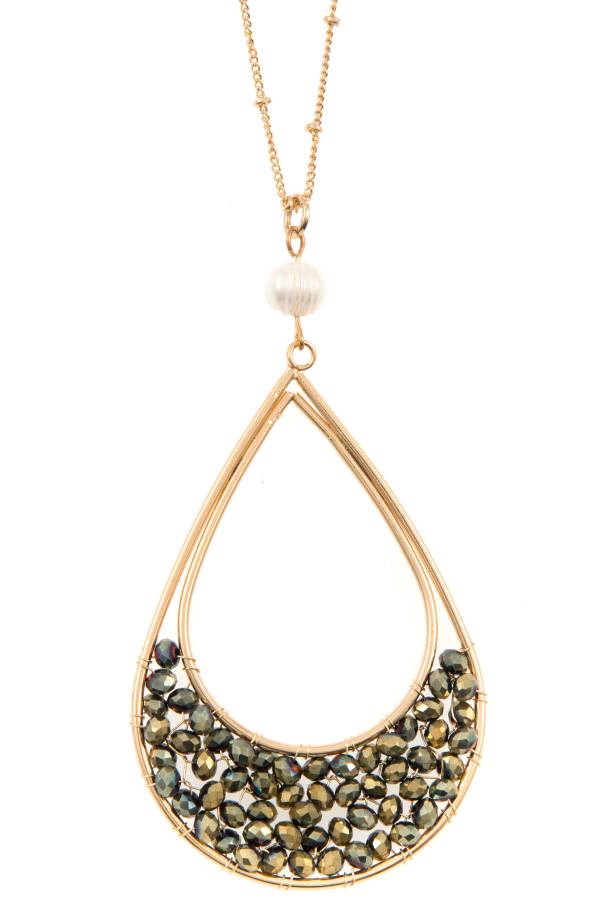 Woven bead teardrop pendant long necklace