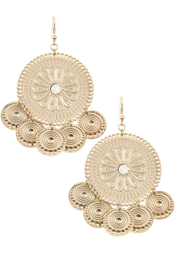 Floral textured round with coin dangle earring