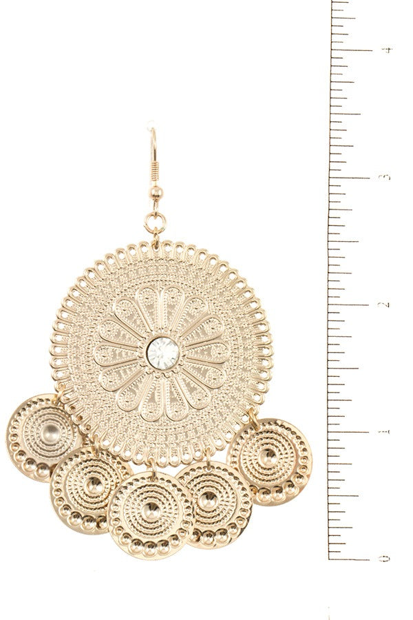Floral textured round with coin dangle earring
