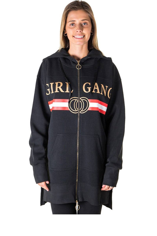 Ladies fashion fleece zip up sweatshirt oversize long hoodie outerwear jacket with applique