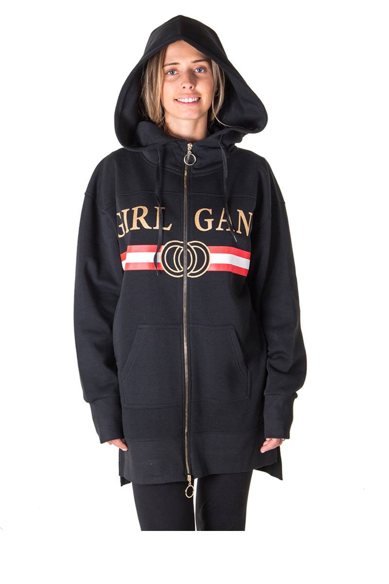 Ladies fashion fleece zip up sweatshirt oversize long hoodie outerwear jacket with applique