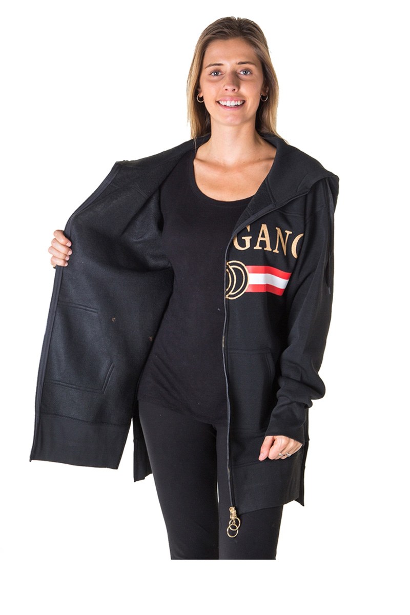 Ladies fashion fleece zip up sweatshirt oversize long hoodie outerwear jacket with applique