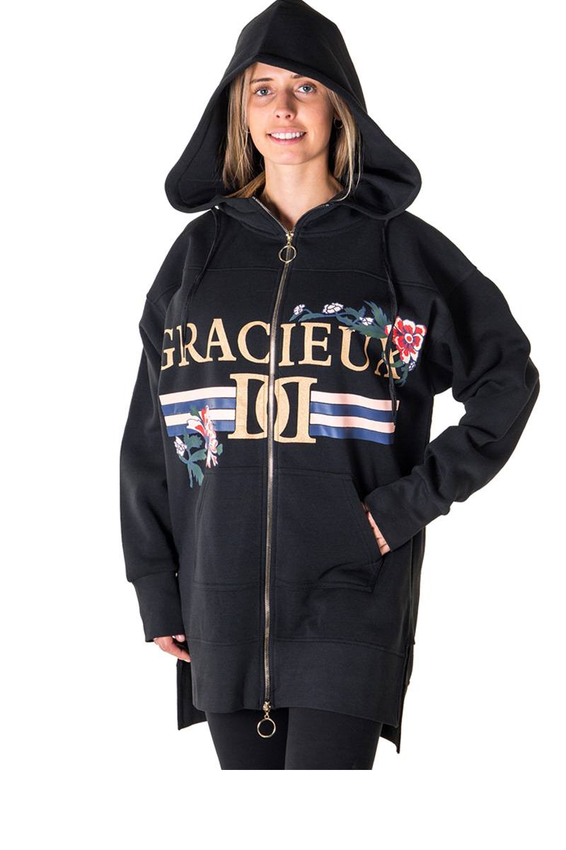 Ladies fashion fleece zip up sweatshirt oversize long hoodie outerwear jacket with applique