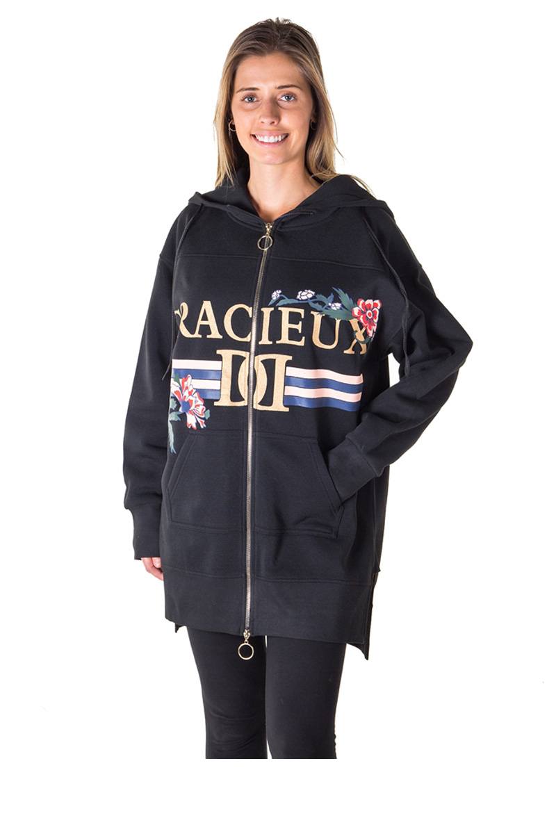 Ladies fashion fleece zip up sweatshirt oversize long hoodie outerwear jacket with applique