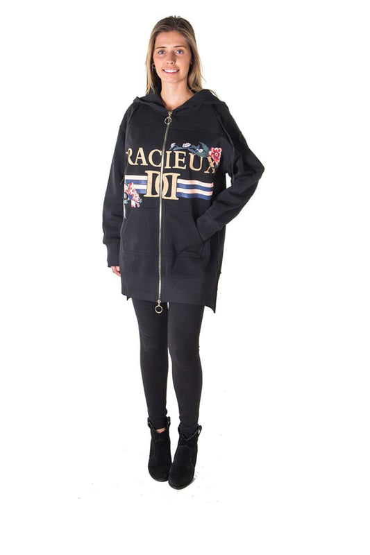 Ladies fashion fleece zip up sweatshirt oversize long hoodie outerwear jacket with applique