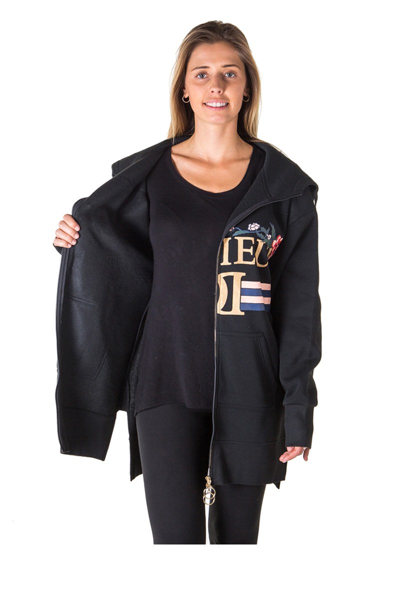 Ladies fashion fleece zip up sweatshirt oversize long hoodie outerwear jacket with applique