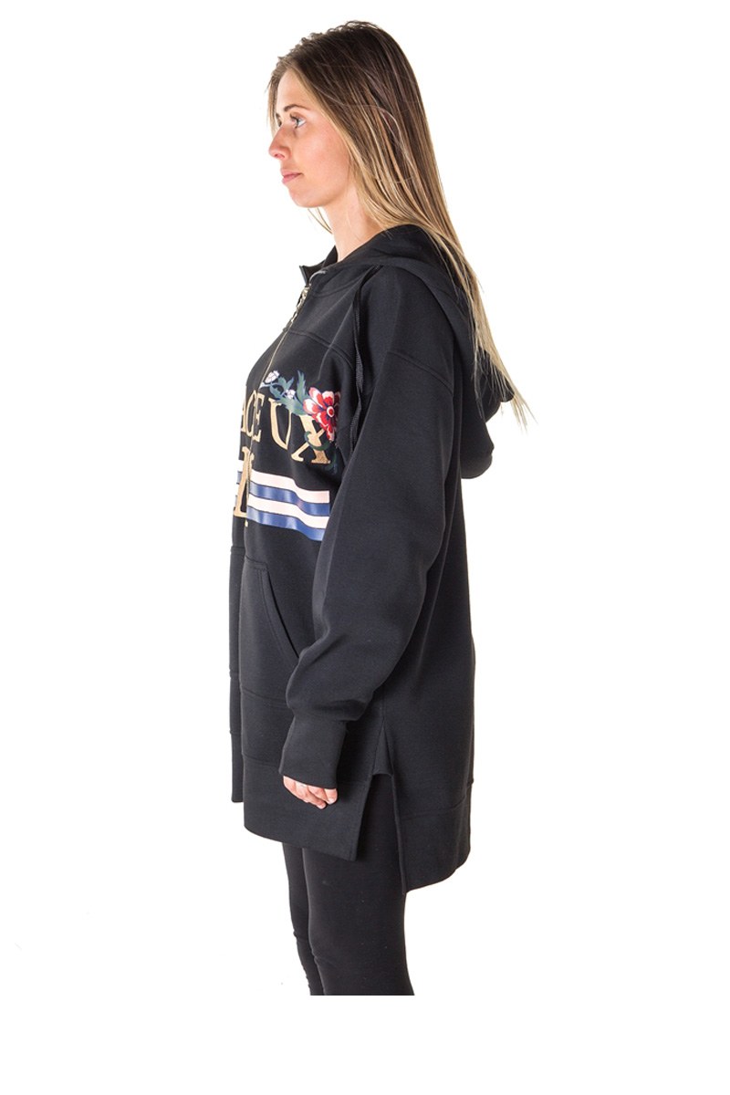 Ladies fashion fleece zip up sweatshirt oversize long hoodie outerwear jacket with applique