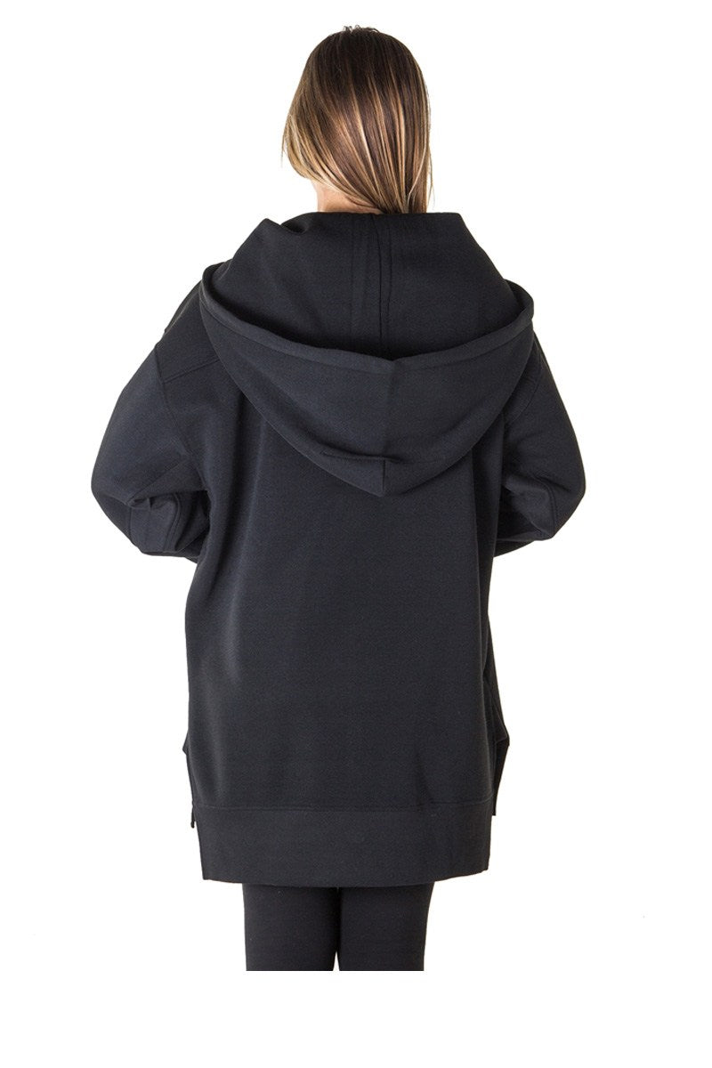 Ladies fashion fleece zip up sweatshirt oversize long hoodie outerwear jacket with applique