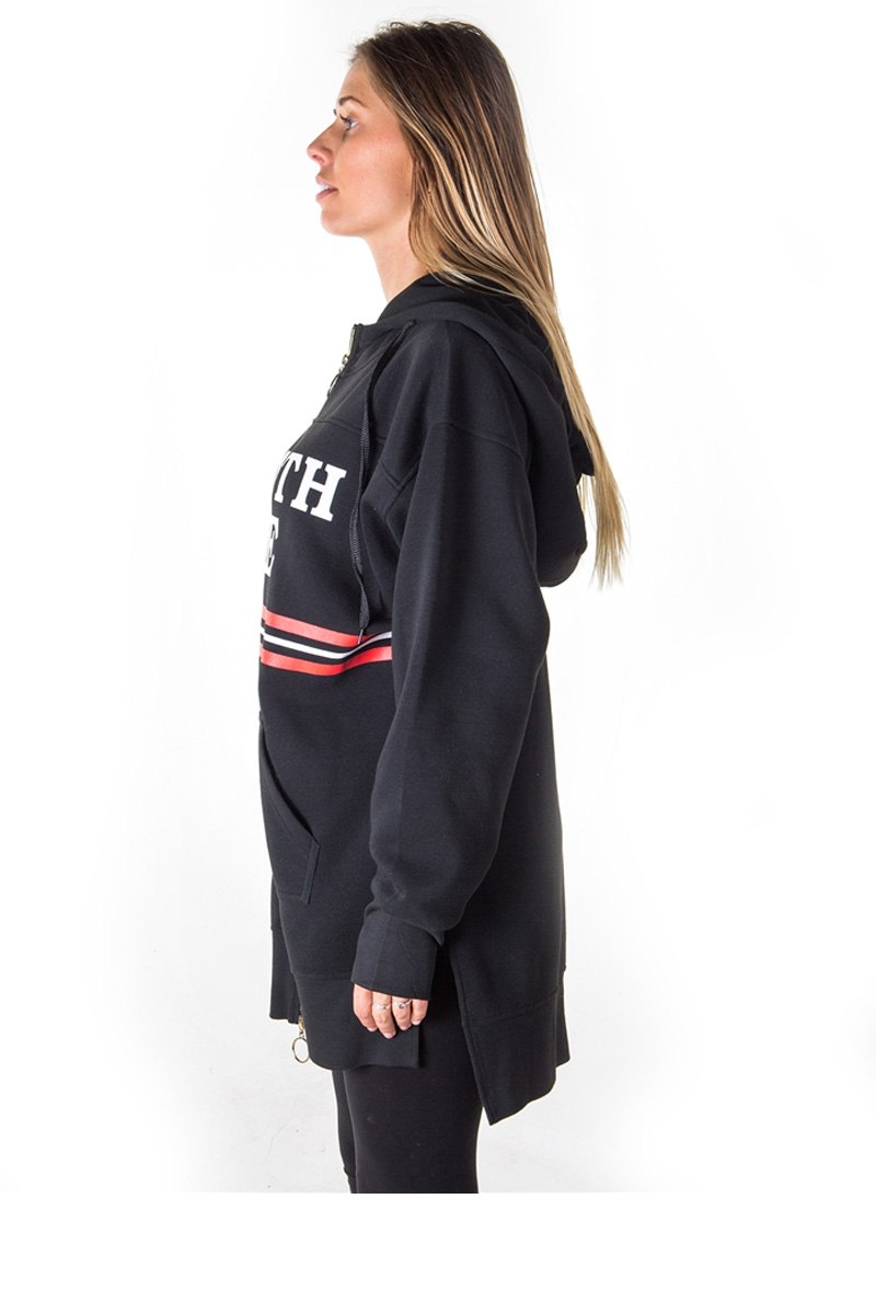 Ladies fashion fleece zip up sweatshirt oversize long hoodie outerwear jacket with applique