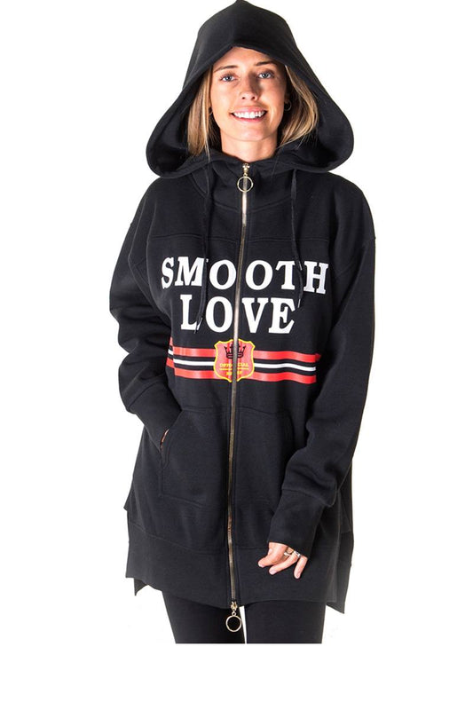 Ladies fashion fleece zip up sweatshirt oversize long hoodie outerwear jacket with applique