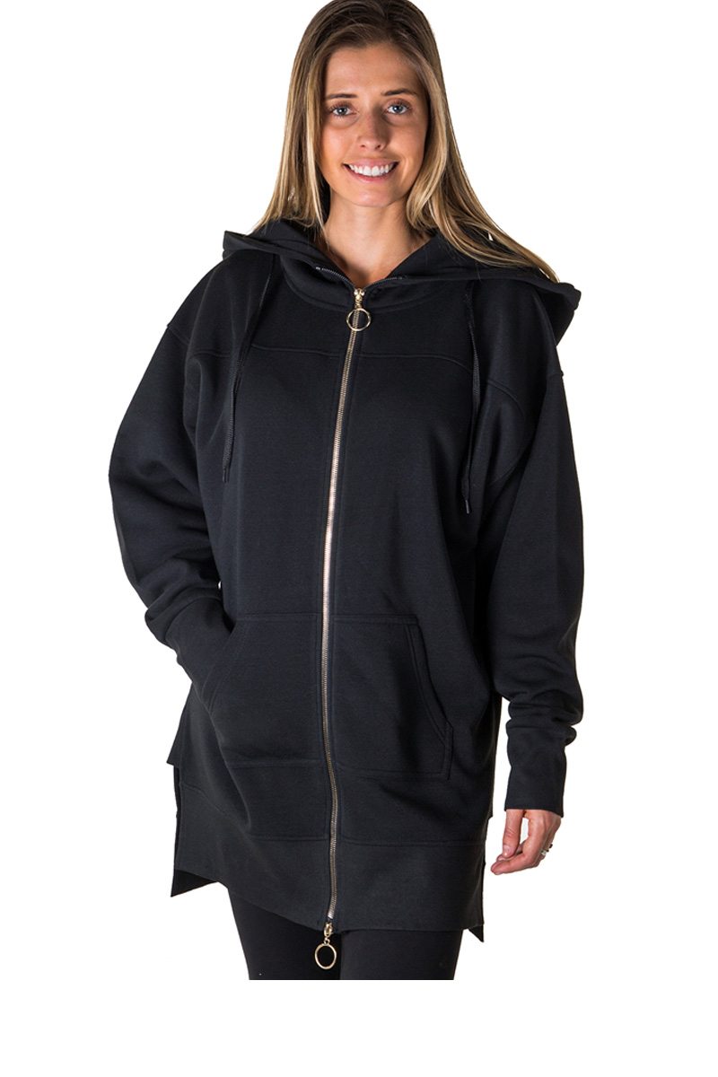 Ladies fashion solid black-ladies fleece zip up sweatshirt oversize long hoodie outerwear jacket