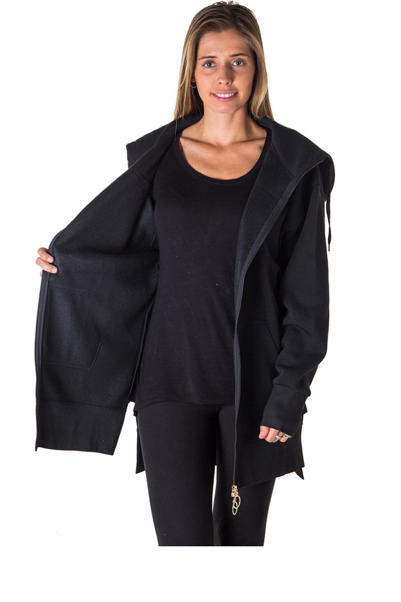 Ladies fashion solid black-ladies fleece zip up sweatshirt oversize long hoodie outerwear jacket