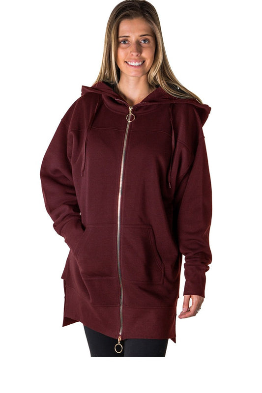Ladies fashion solid black-ladies fleece zip up sweatshirt oversize long hoodie outerwear jacket