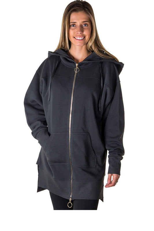 Ladies fashion solid black-ladies fleece zip up sweatshirt oversize long hoodie outerwear jacket