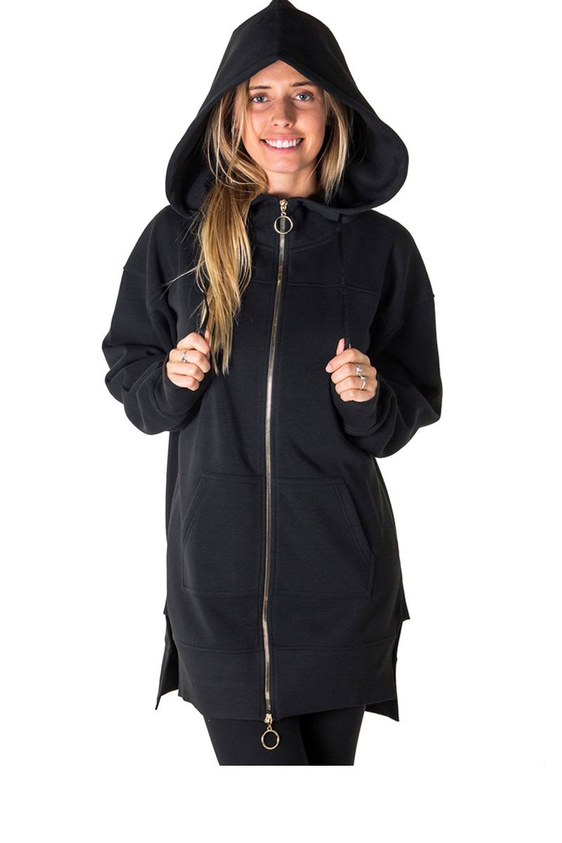 Ladies fashion solid black-ladies fleece zip up sweatshirt oversize long hoodie outerwear jacket