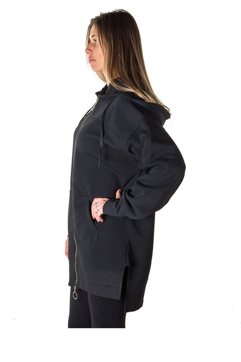 Ladies fashion solid black-ladies fleece zip up sweatshirt oversize long hoodie outerwear jacket