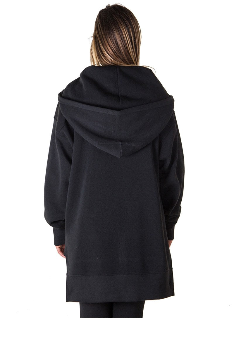 Ladies fashion solid black-ladies fleece zip up sweatshirt oversize long hoodie outerwear jacket