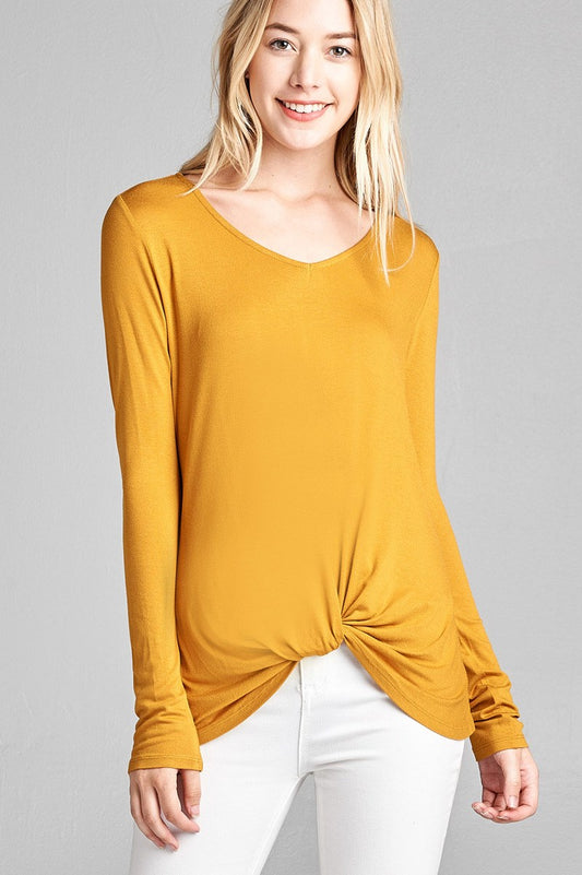 Ladies fashion long sleeve v-neck front twisted rayon spandex crepe top