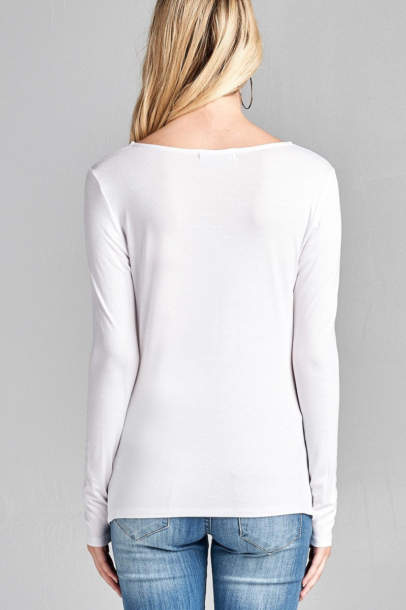 Ladies fashion long sleeve v-neck front twisted rayon spandex crepe top
