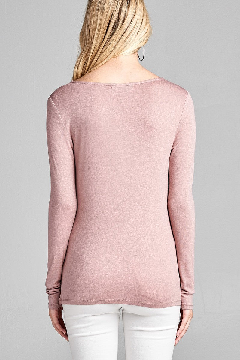 Ladies fashion long sleeve v-neck front twisted rayon spandex crepe top