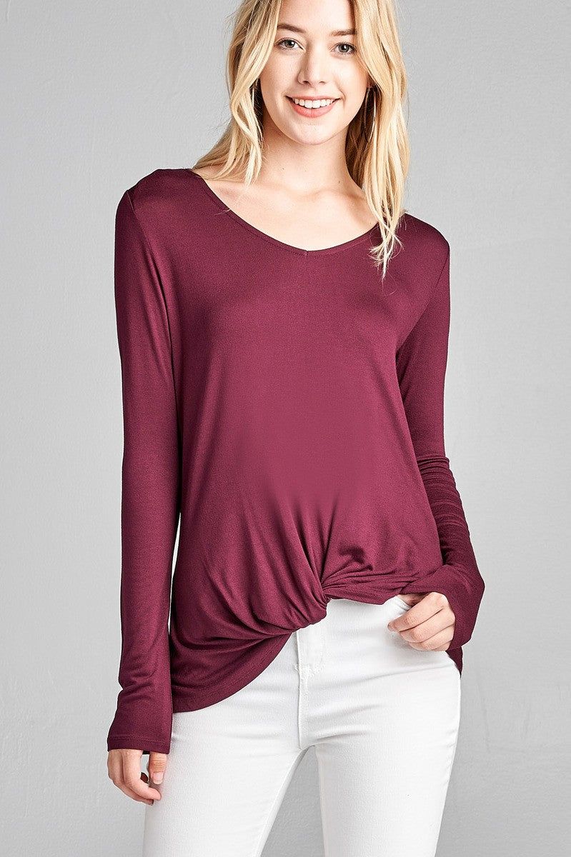 Ladies fashion long sleeve v-neck front twisted rayon spandex crepe top