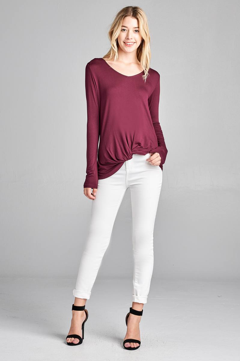 Ladies fashion long sleeve v-neck front twisted rayon spandex crepe top