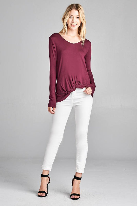 Ladies fashion long sleeve v-neck front twisted rayon spandex crepe top